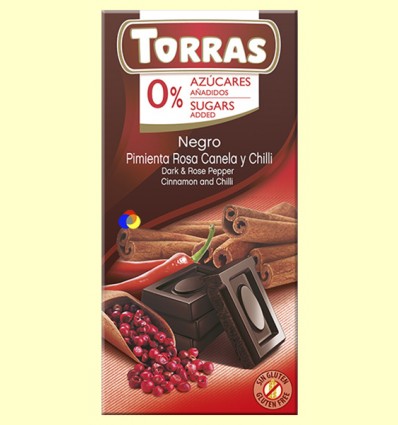 Chocolate Negro Pimienta Rosa, Canela y Chili - 0% Azúcar - Torras - 75 gramos